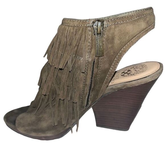 Vince Camuto Jadon olive green fringe peep toe booties 8 - Picture 2 of 4